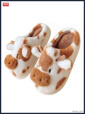 Fluffy Cow Plush Slip-On Slippers Cozy Indoor House Shoes